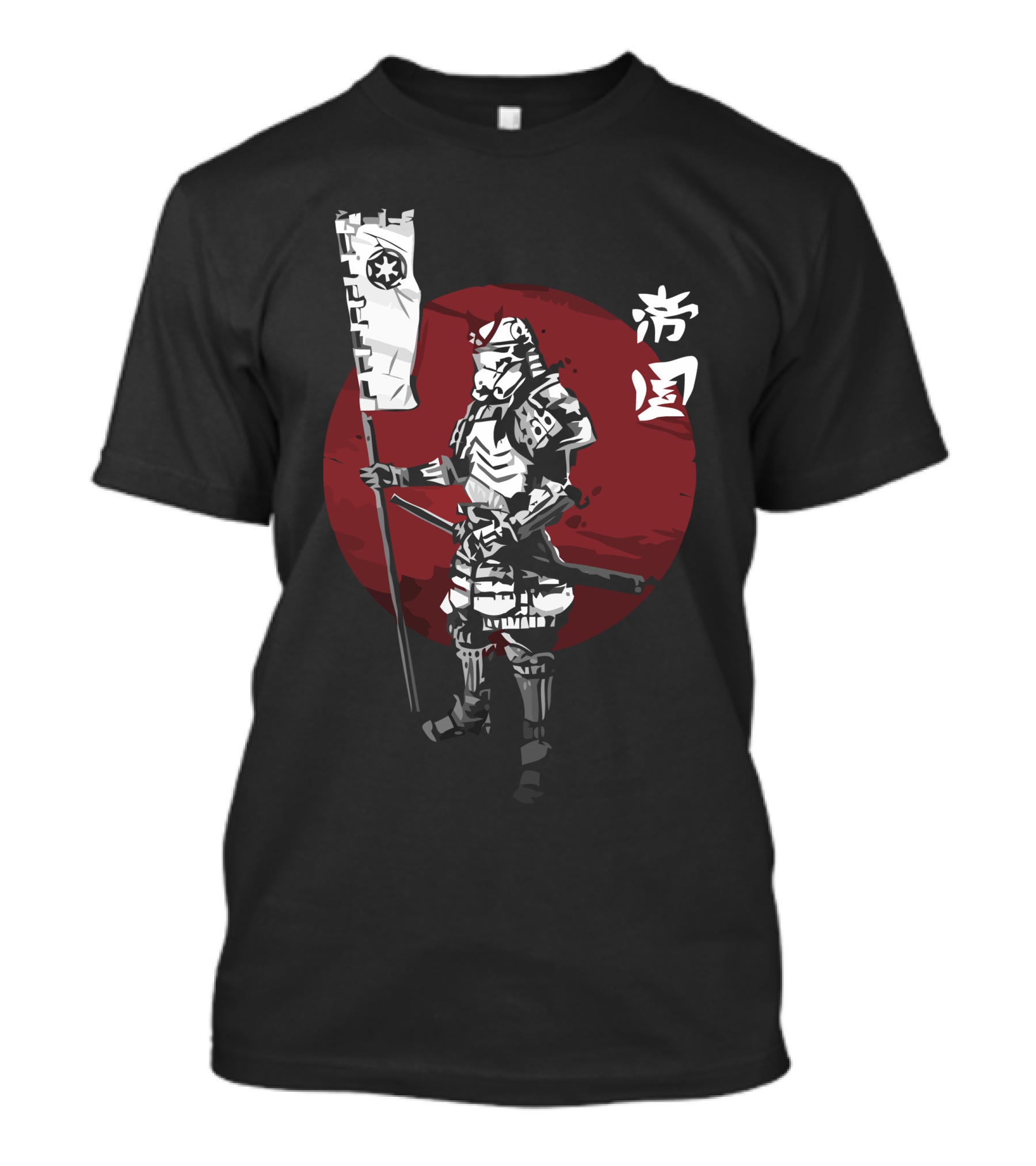 Samurai Empire Warrior With Flag And Red Circle Background T-Shirt