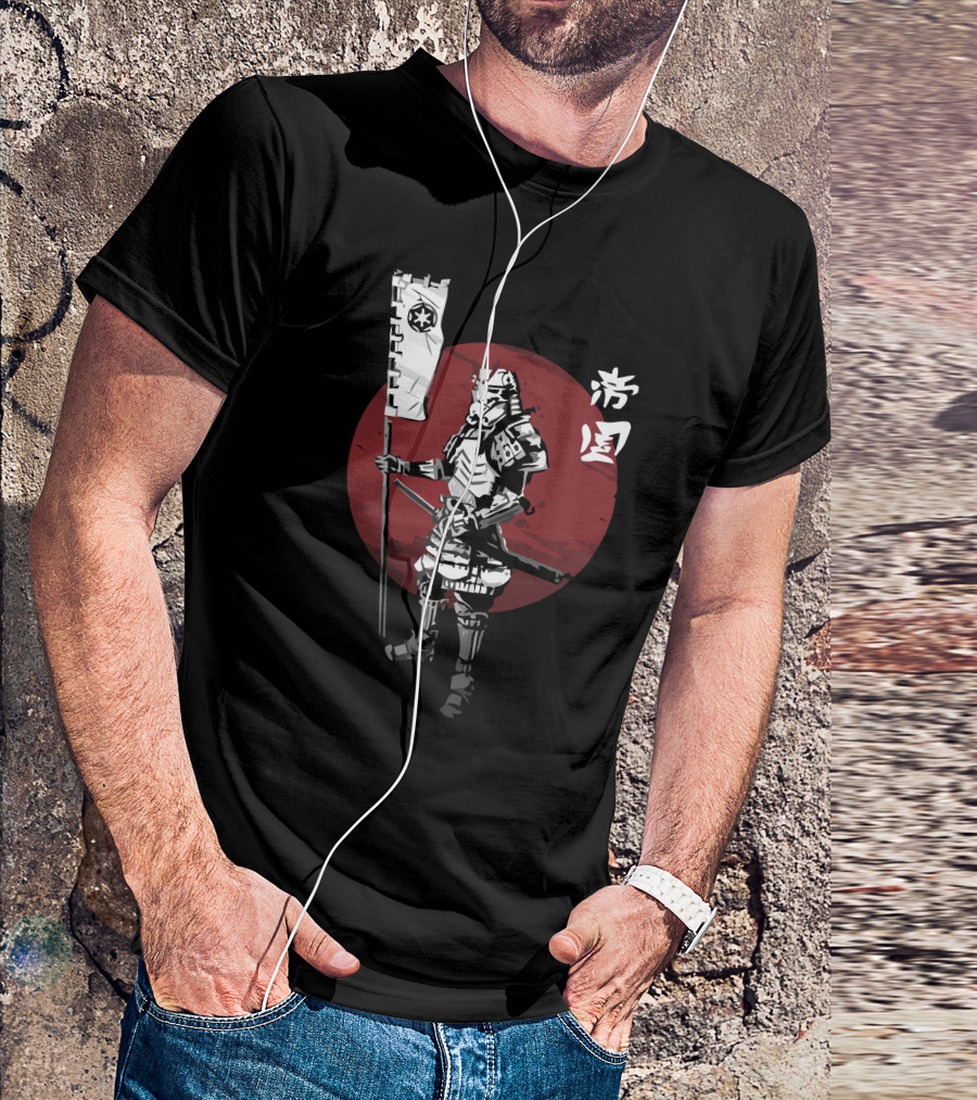 Samurai Empire Warrior With Flag And Red Circle Background T-Shirt