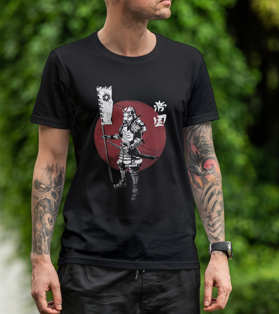Samurai Empire Warrior With Flag And Red Circle Background T-Shirt