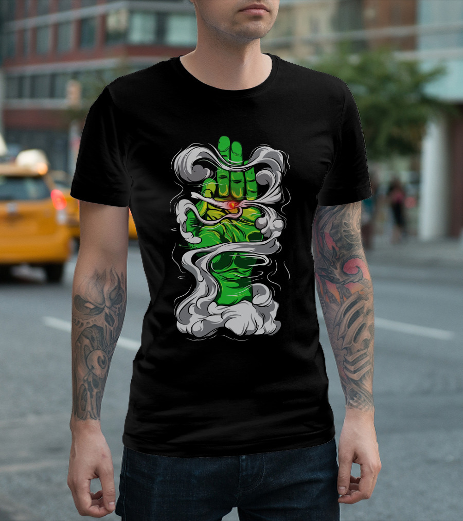 Smoking Green Hand with Red Flame and Swirling White Smoke T-Shirt