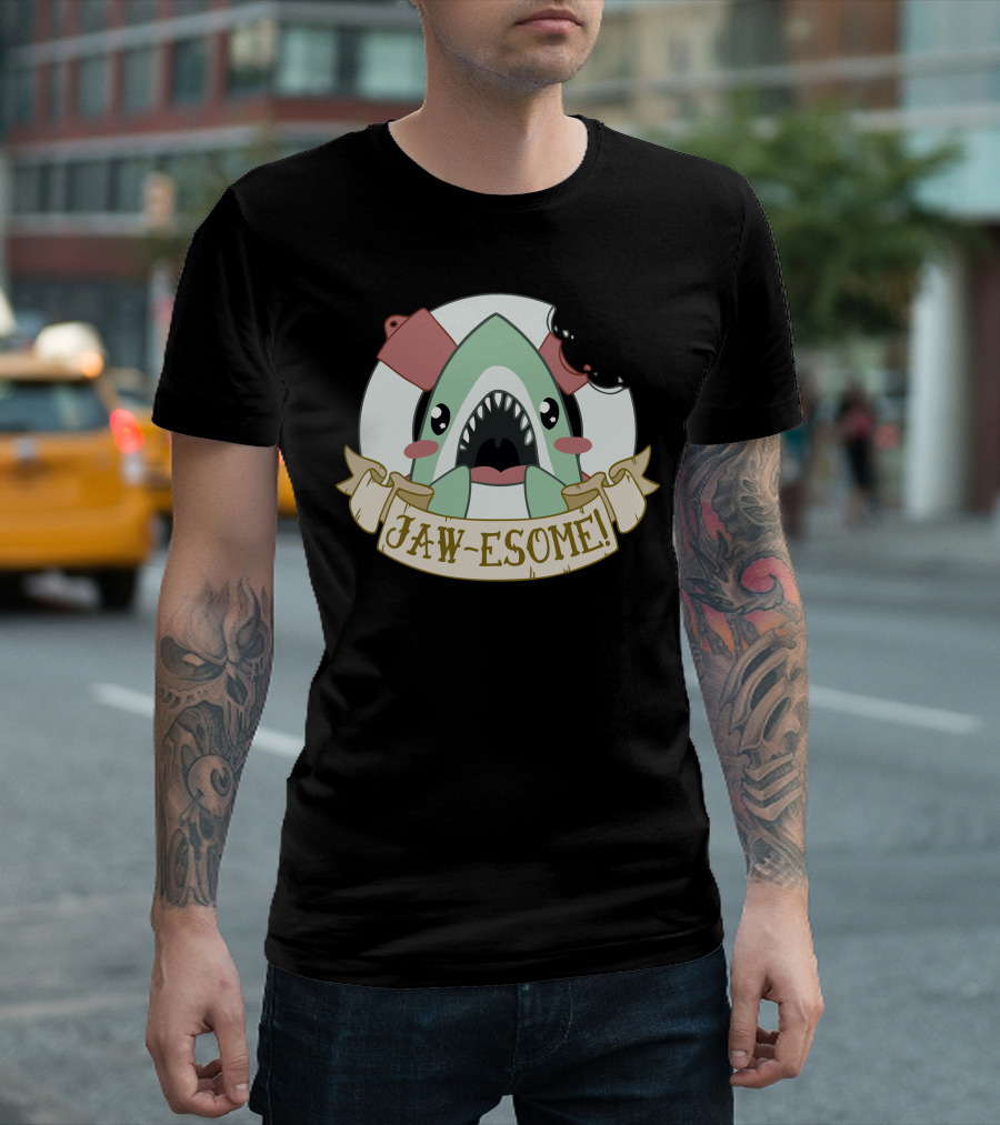 Jaw-Esome Shark Cartoon With Cleavers And Scroll Banner T-Shirt