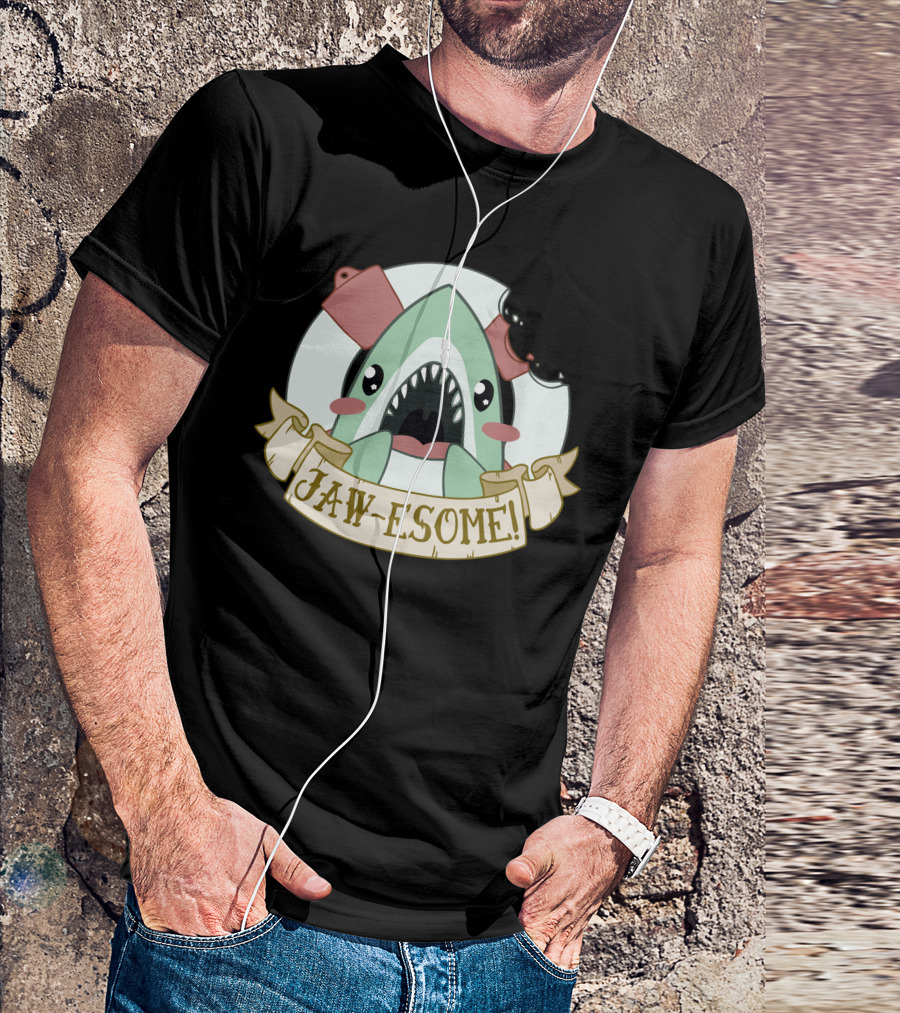 Jaw-Esome Shark Cartoon With Cleavers And Scroll Banner T-Shirt