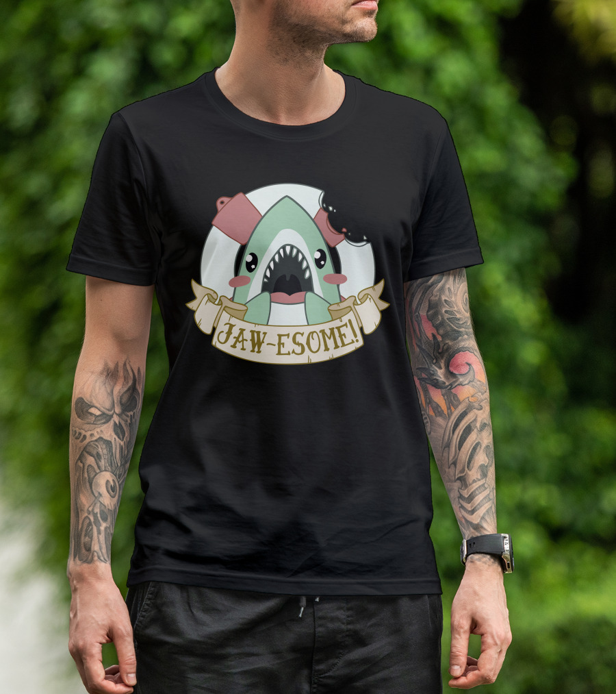 Jaw-Esome Shark Cartoon With Cleavers And Scroll Banner T-Shirt