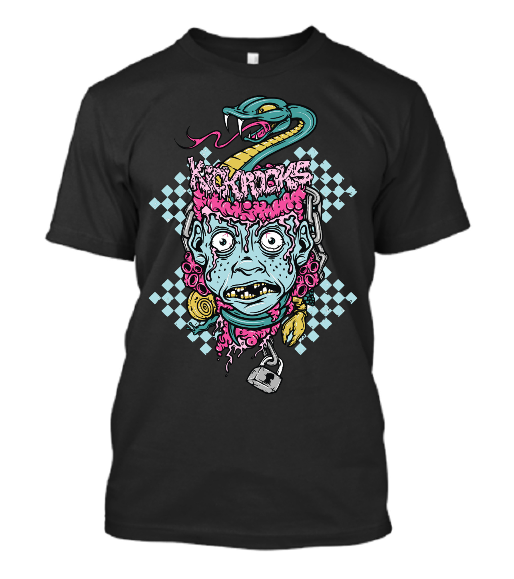 Kickrocks Snake Zombie Chain Head With Lock And Checkered Background T-Shirt