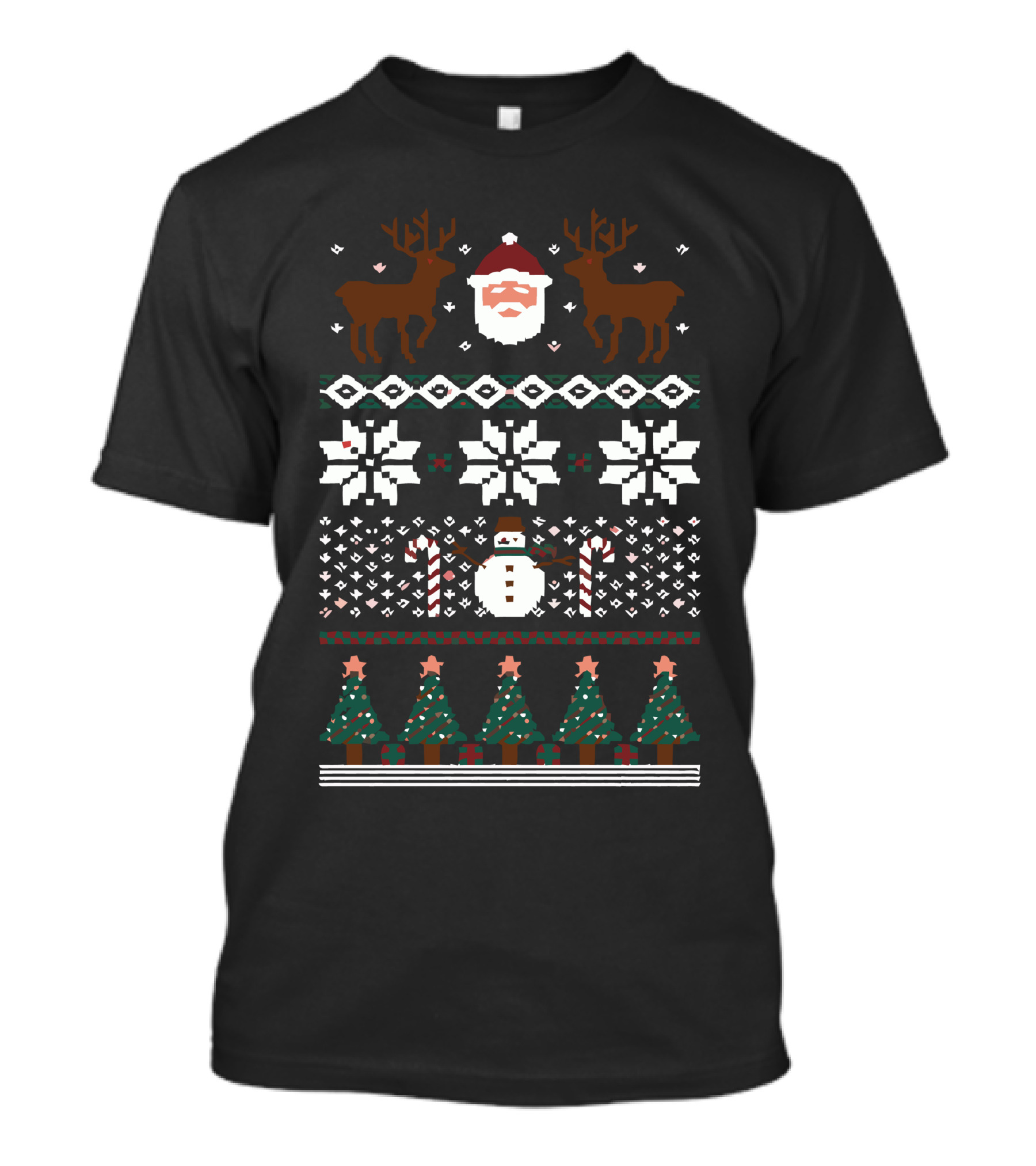 Ugly Christmas Sweater Santa Reindeer Snowman Trees T-Shirt