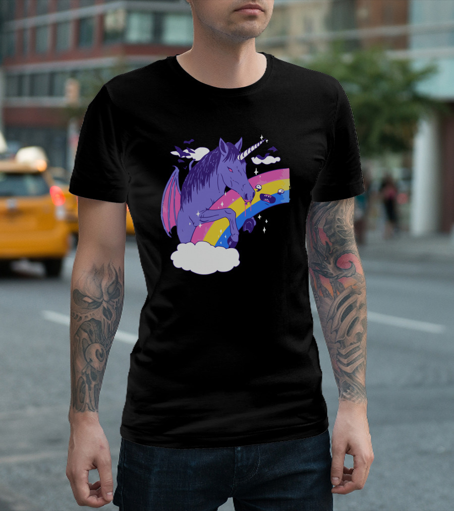 Vampcorn Rainbow Vampire Unicorn with Wings and Cloud Bats T-Shirt