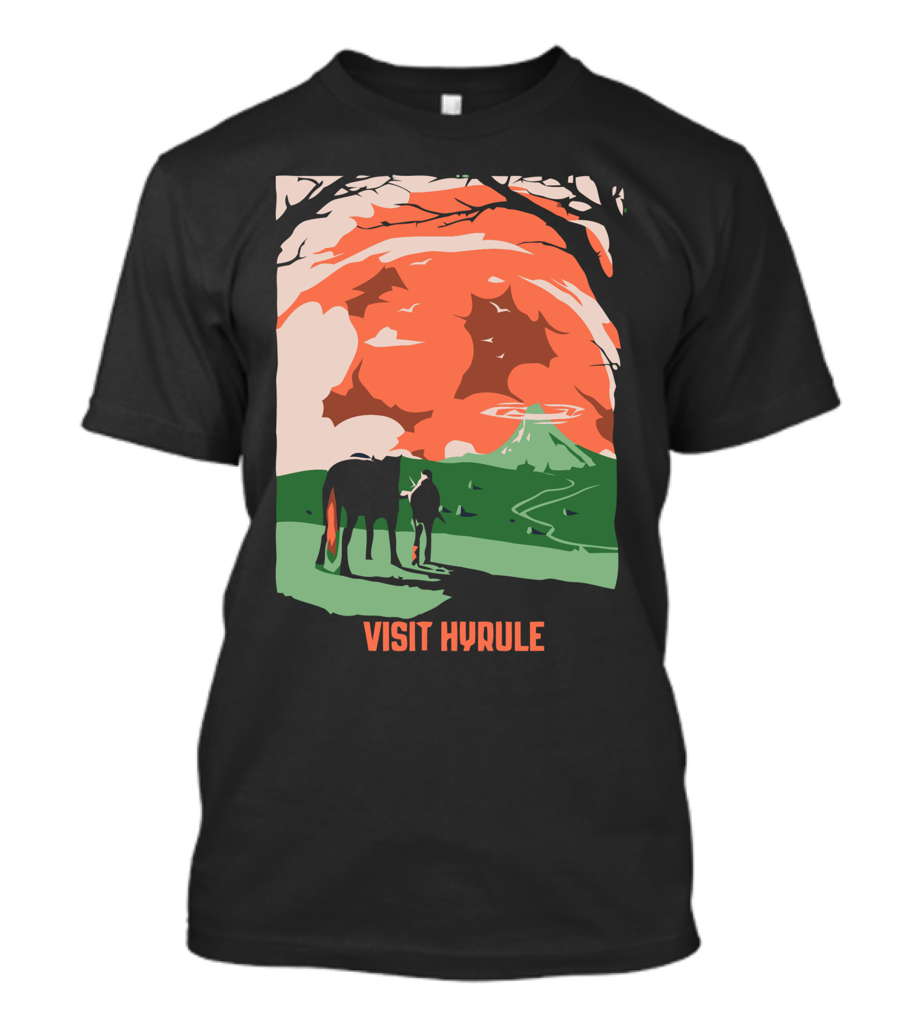 Visit Hyrule Silhouette With Horse And Traveler In Fantasy Landscape T-Shirt