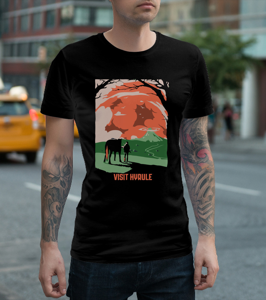 Visit Hyrule Silhouette With Horse And Traveler In Fantasy Landscape T-Shirt
