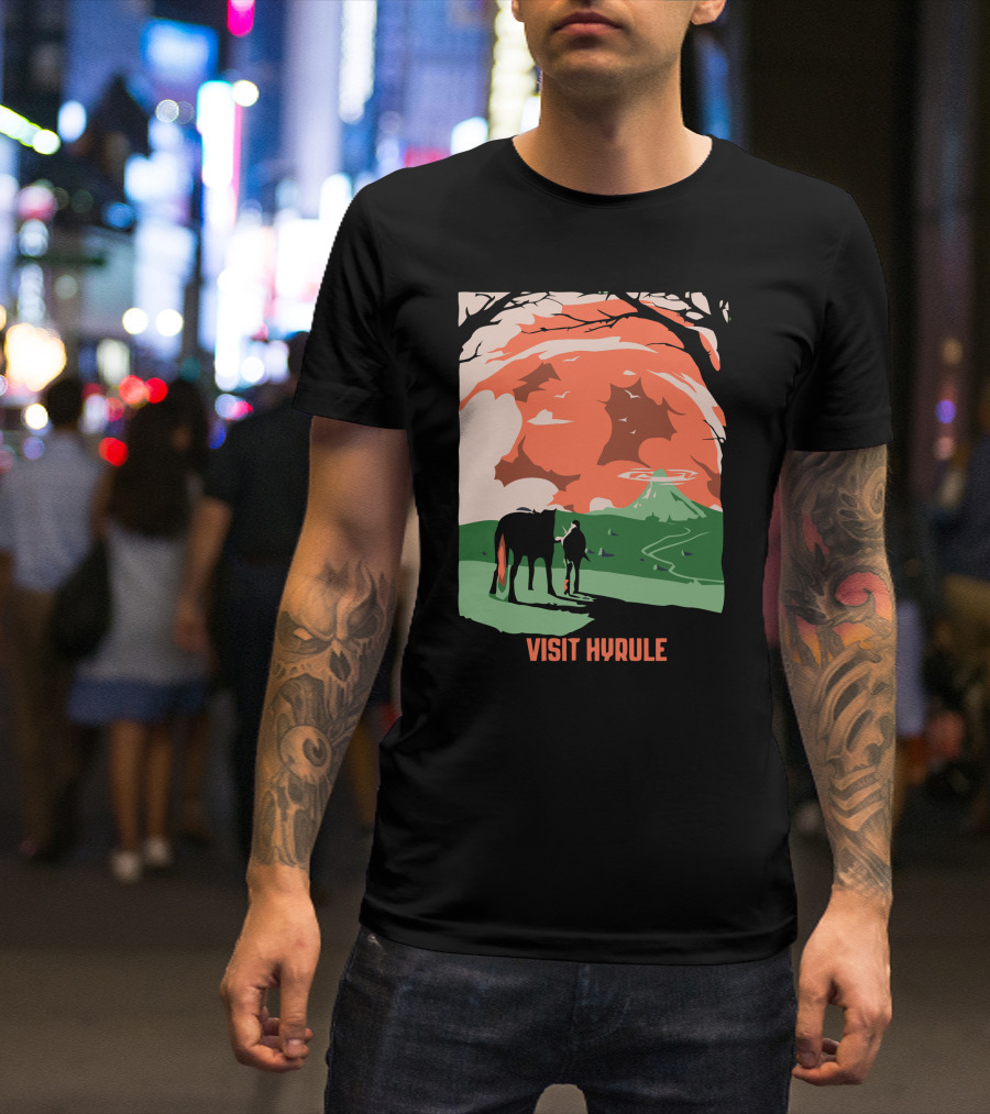 Visit Hyrule Silhouette With Horse And Traveler In Fantasy Landscape T-Shirt