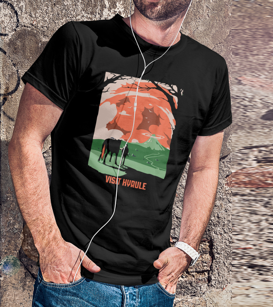 Visit Hyrule Silhouette With Horse And Traveler In Fantasy Landscape T-Shirt
