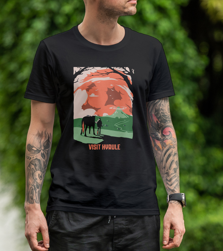 Visit Hyrule Silhouette With Horse And Traveler In Fantasy Landscape T-Shirt