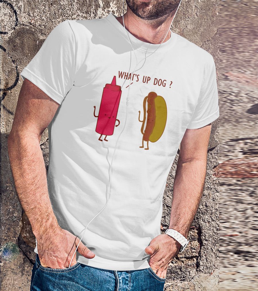 What's Up Dog Ketchup Bottle And Hot Dog Playful Interaction T-Shirt