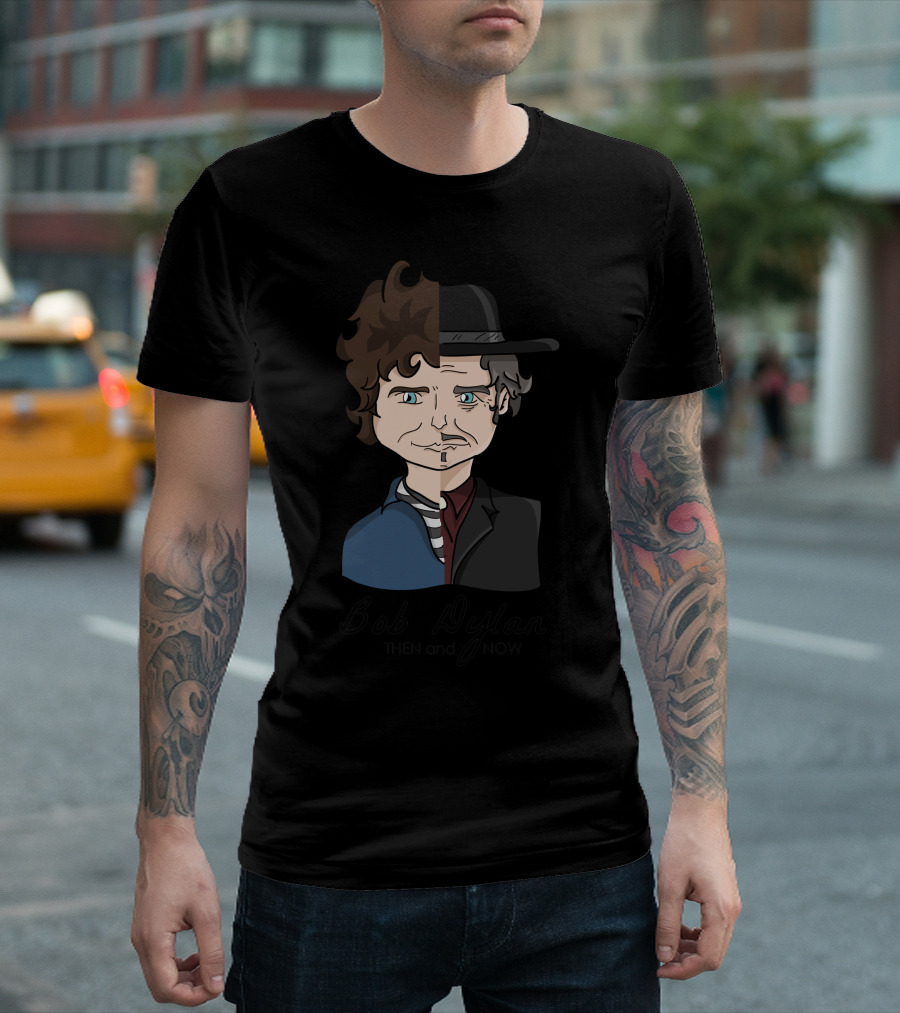 Bob Dylan Then And Now Dual Era Cartoon Face T-Shirt