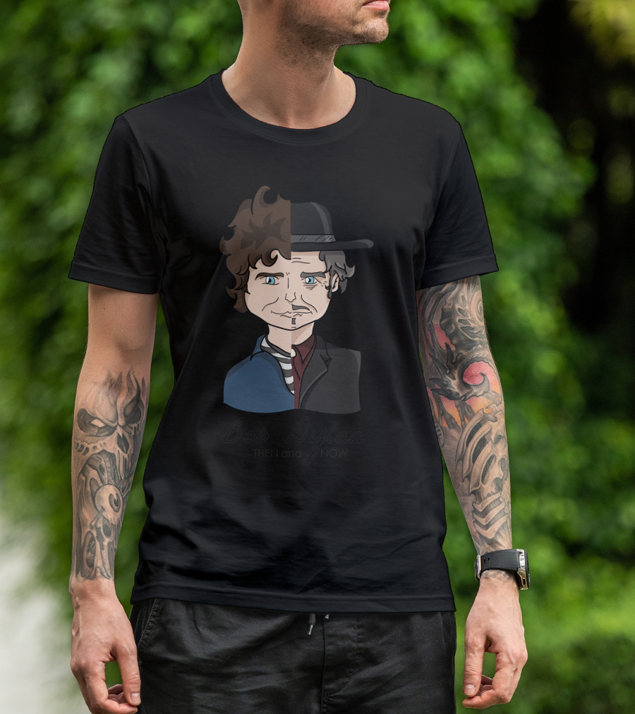 Bob Dylan Then And Now Dual Era Cartoon Face T-Shirt