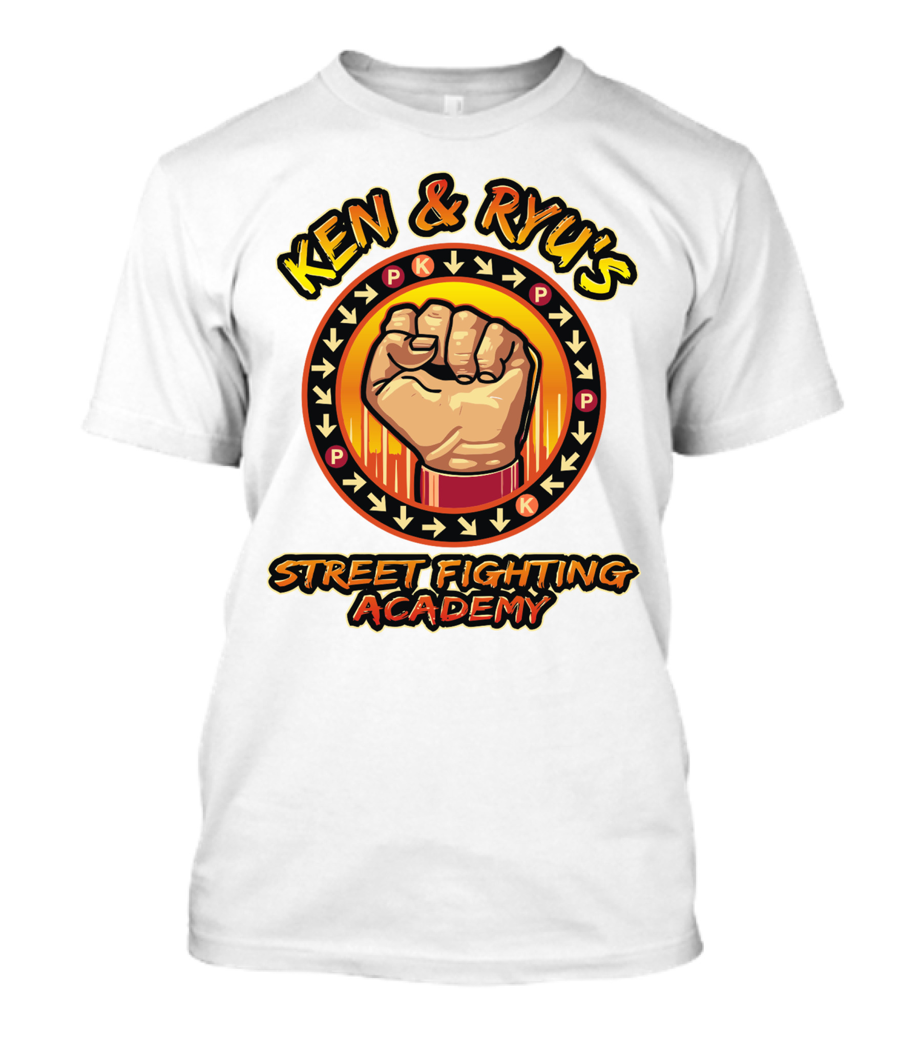 Ken And Ryu's Street Fighting Academy Fist Symbol With Moves Arrows T-Shirt