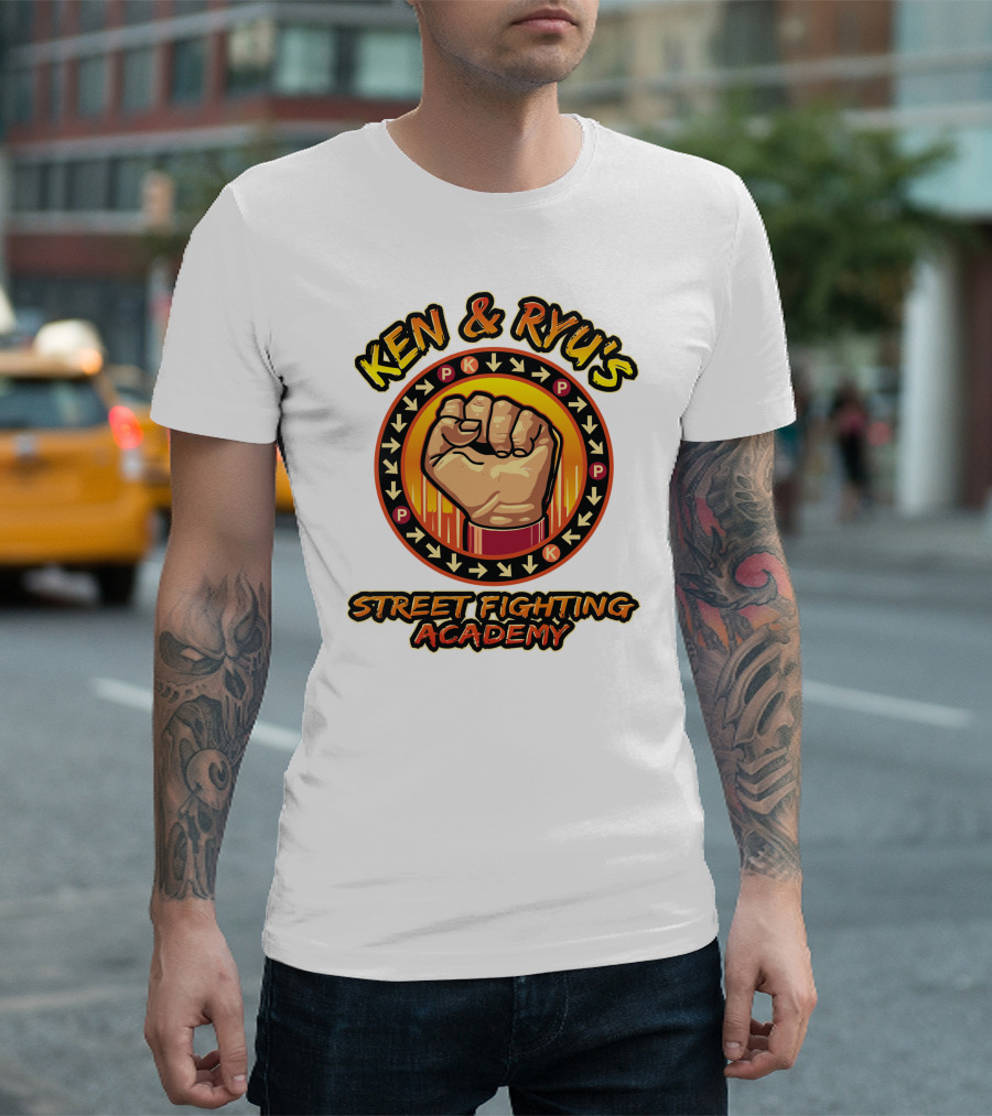 Ken And Ryu's Street Fighting Academy Fist Symbol With Moves Arrows T-Shirt