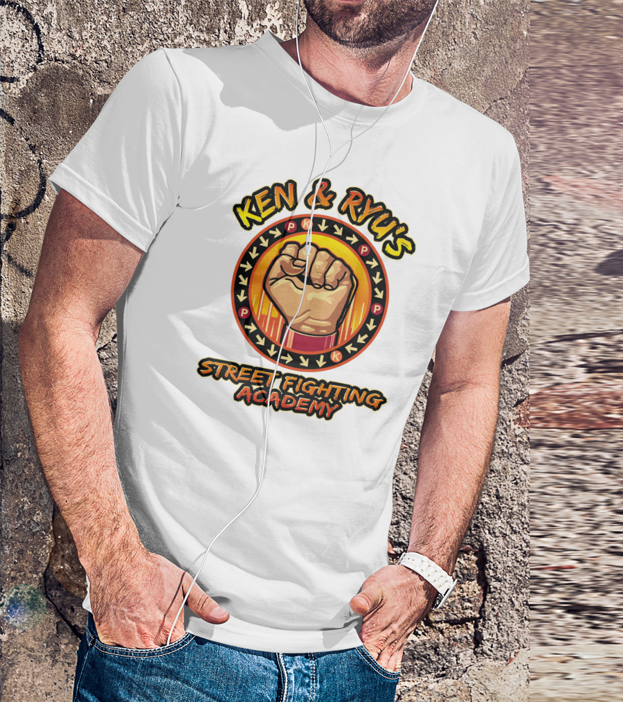 Ken And Ryu's Street Fighting Academy Fist Symbol With Moves Arrows T-Shirt