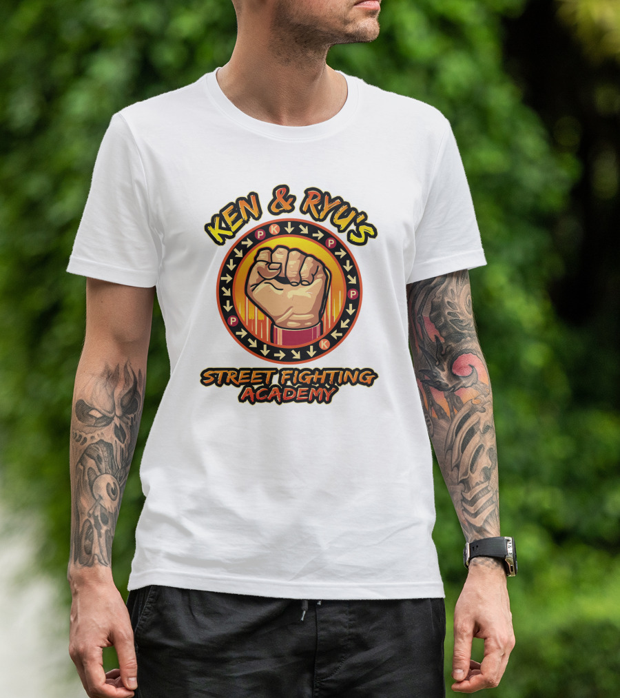 Ken And Ryu's Street Fighting Academy Fist Symbol With Moves Arrows T-Shirt