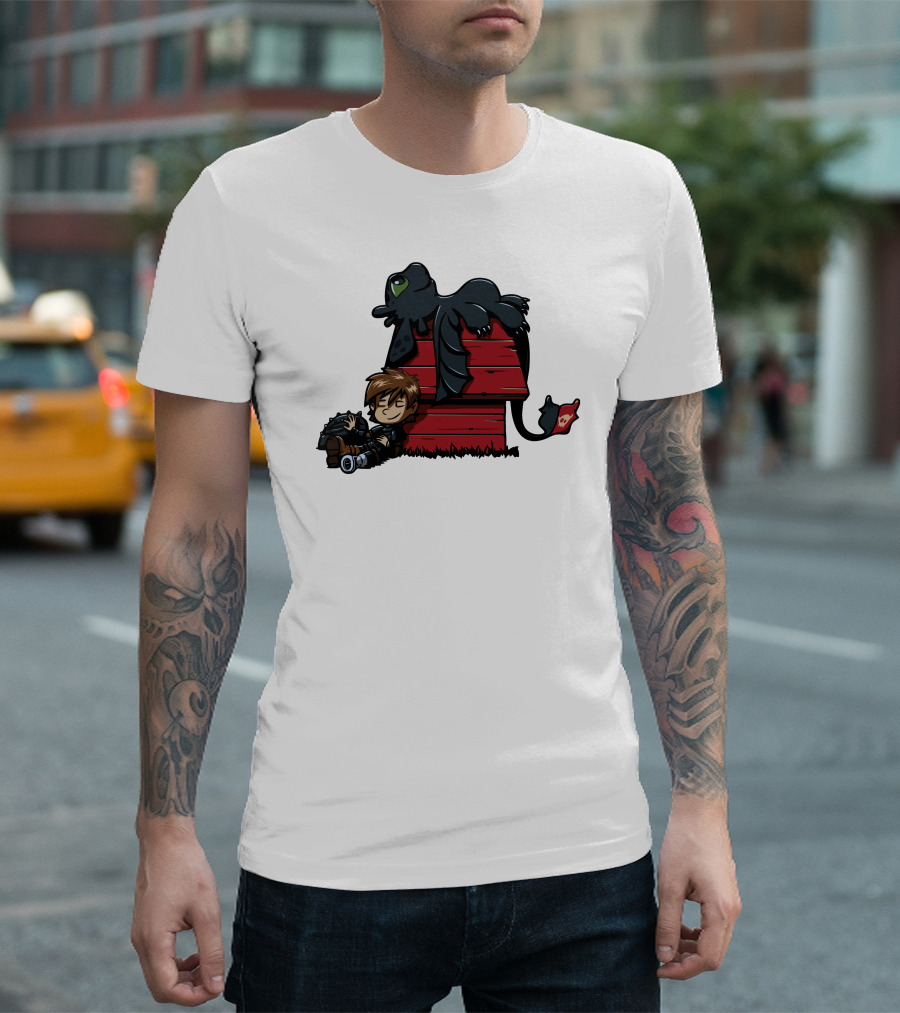 Krokmou Peanuts Hiccup Toothless Snoopy Doghouse Crossover T-Shirt