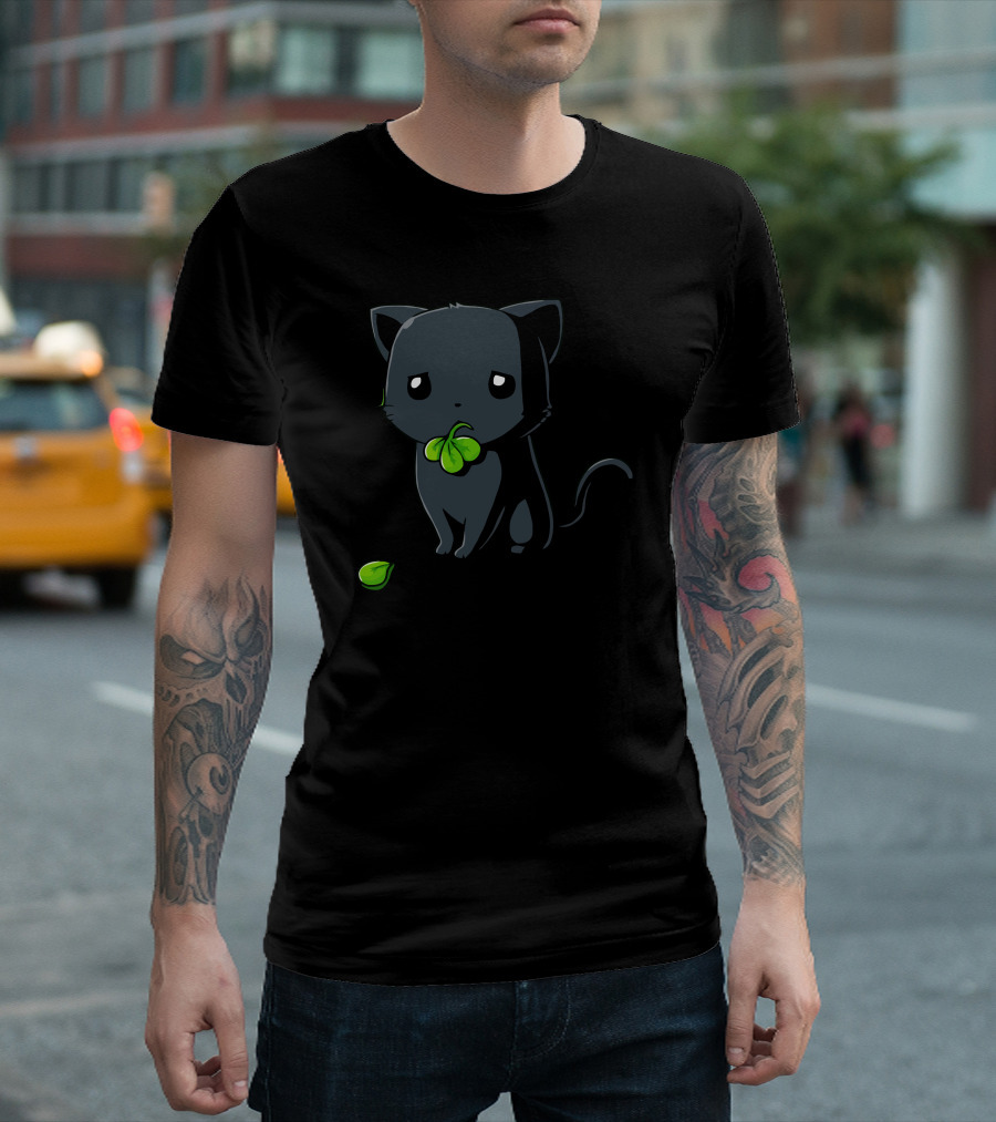Unlucky Black Cat with Broken Leaf in Mouth T-Shirt