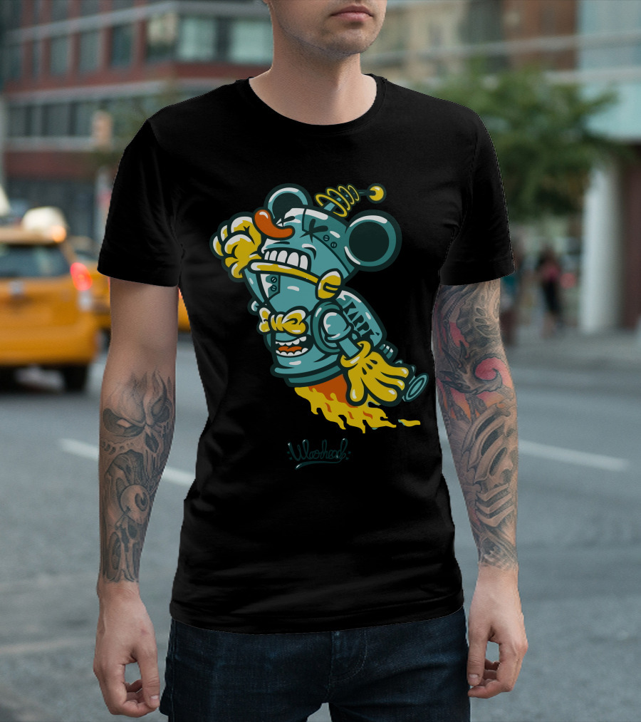 Wohead Cartoon Rocket Mouse With Metal Helmet And Flames T-Shirt