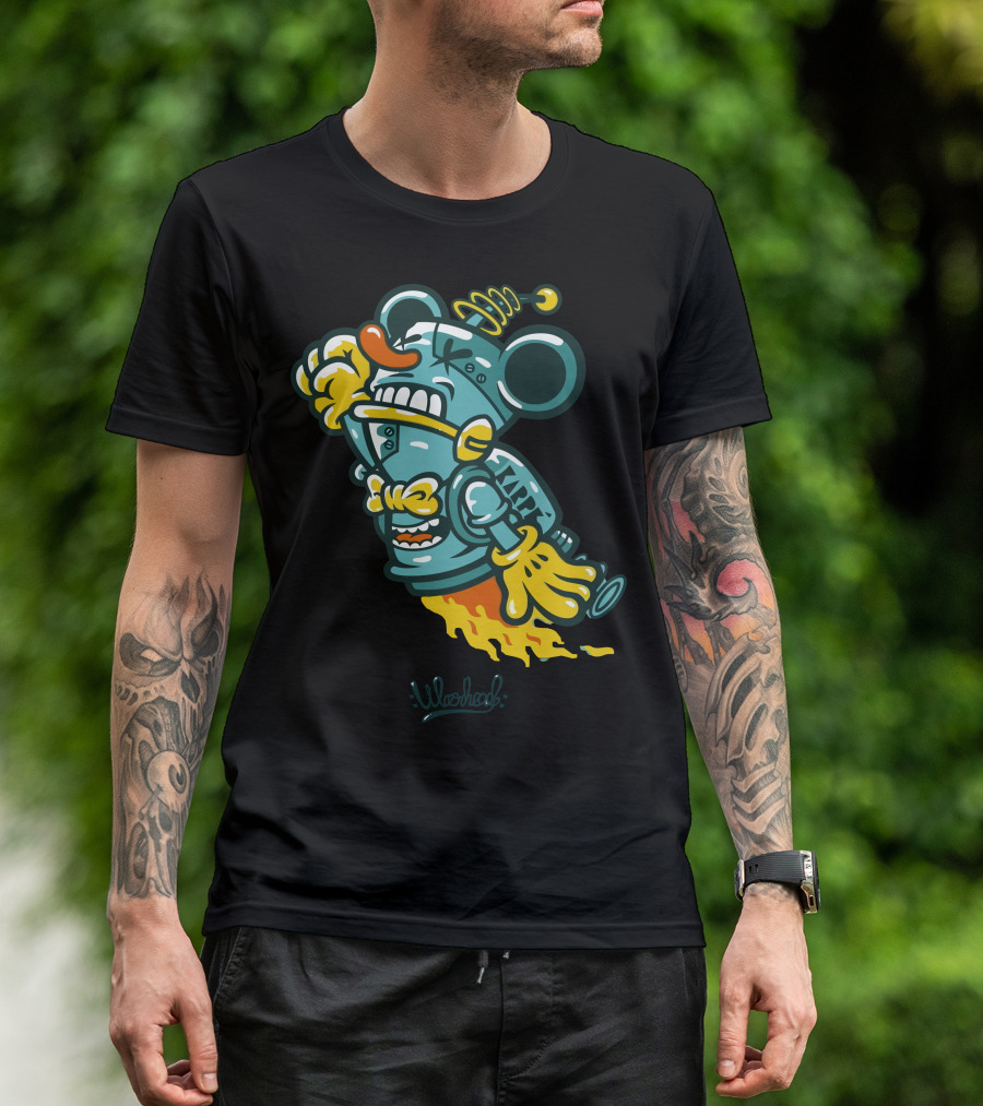 Wohead Cartoon Rocket Mouse With Metal Helmet And Flames T-Shirt