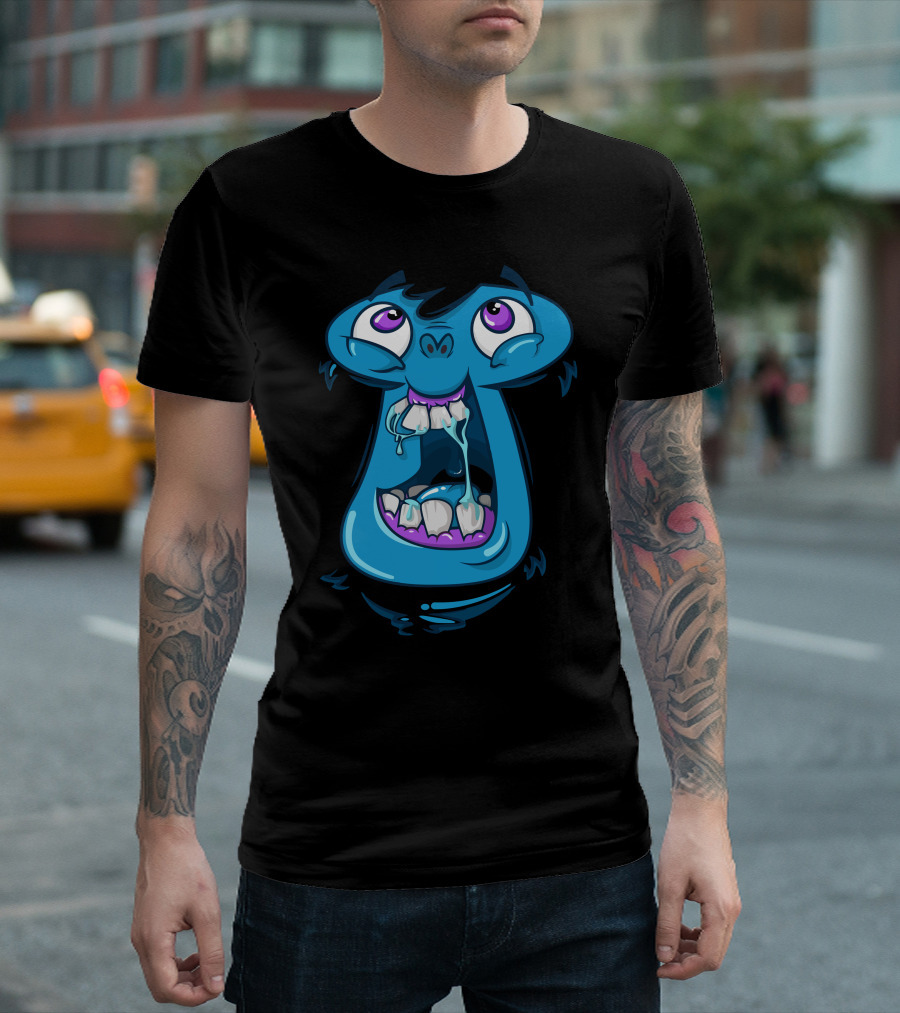 Wwaaa Blue Cartoon Creature With Large Mouth And Purple Eyes T-Shirt
