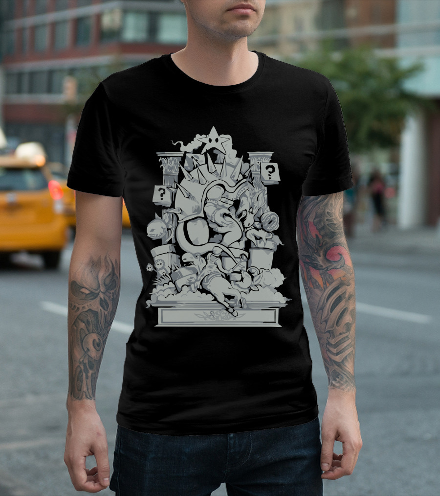 Bowser's Mushroom Kingdom Battle Scene with Question Blocks and Classic Characters T-Shirt