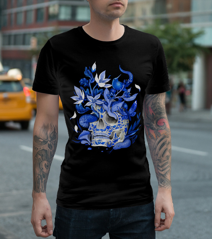 Beauty Immortal Skull with Blue Floral Elements T-Shirt