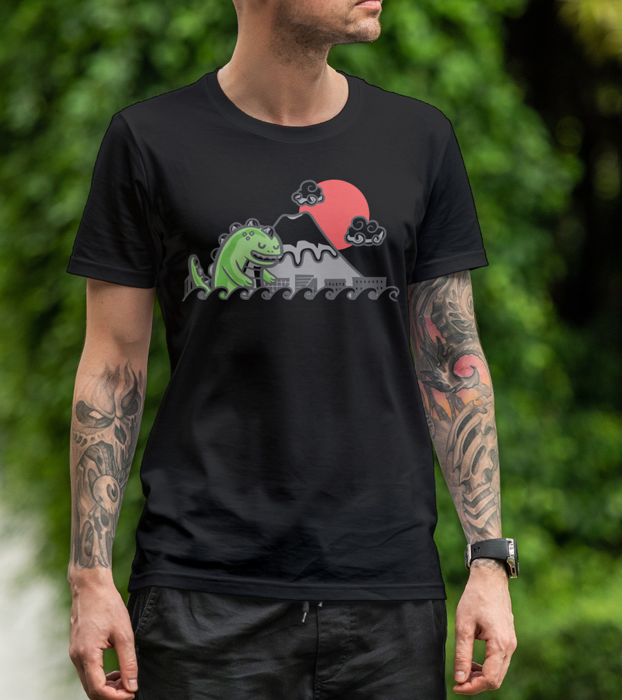 Big Trouble Green Monster Japan Volcano Sunset T-Shirt