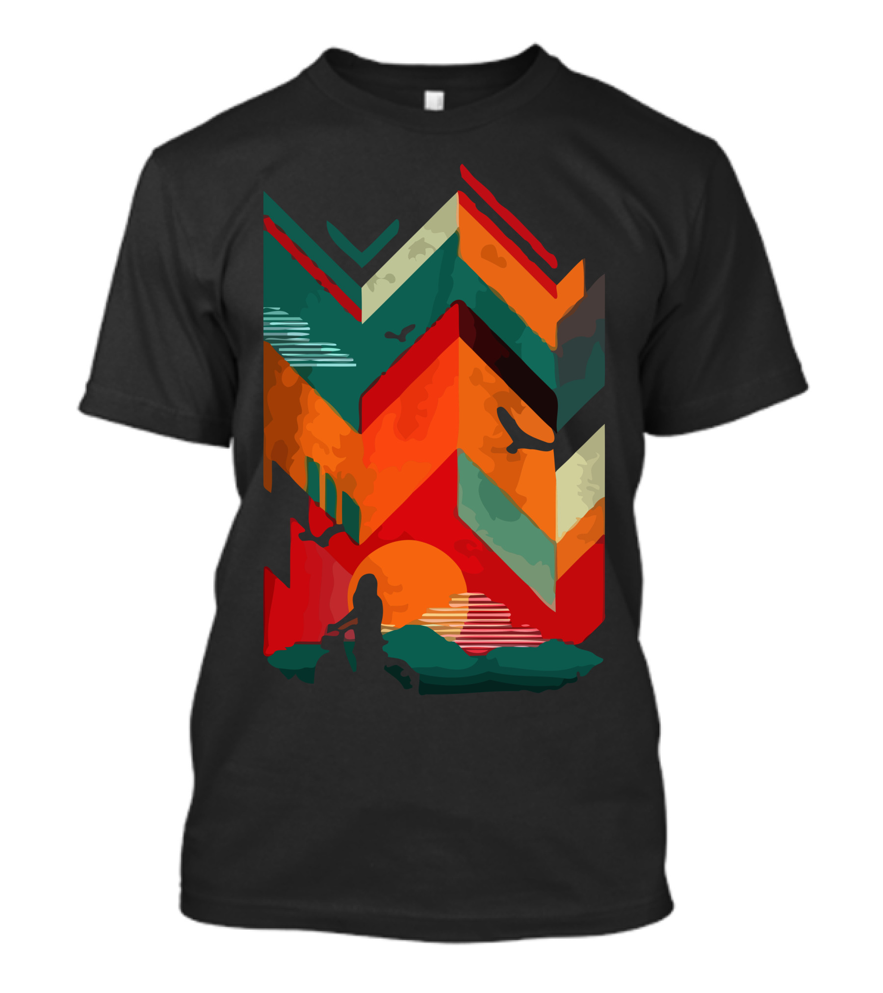 Retro Sunset Bike Ride Adventure With Colorful Mountains And Birds T-Shirt