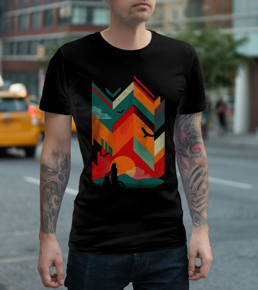 Retro Sunset Bike Ride Adventure With Colorful Mountains And Birds T-Shirt