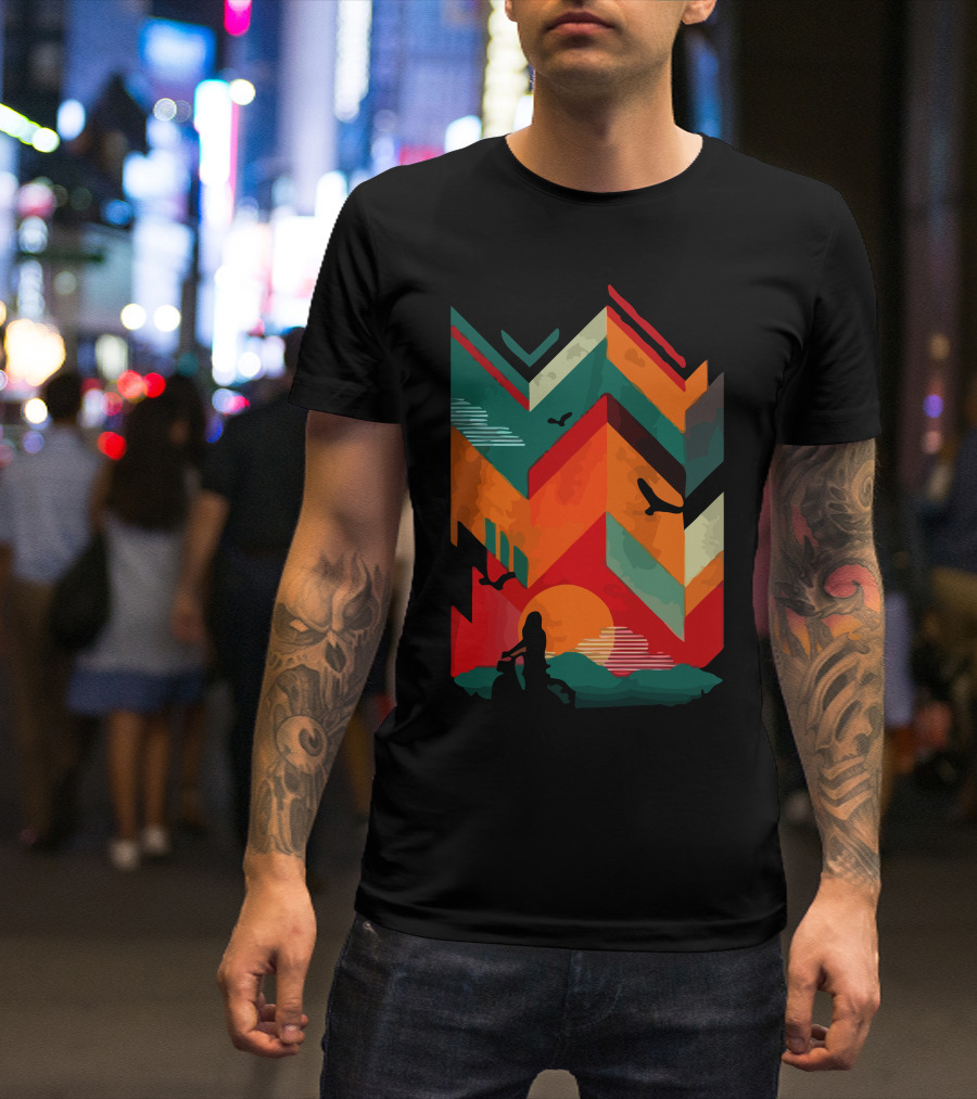 Retro Sunset Bike Ride Adventure With Colorful Mountains And Birds T-Shirt
