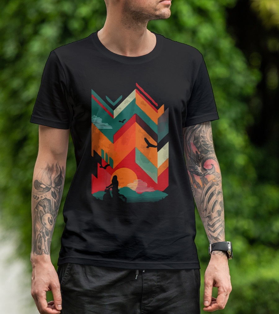 Retro Sunset Bike Ride Adventure With Colorful Mountains And Birds T-Shirt