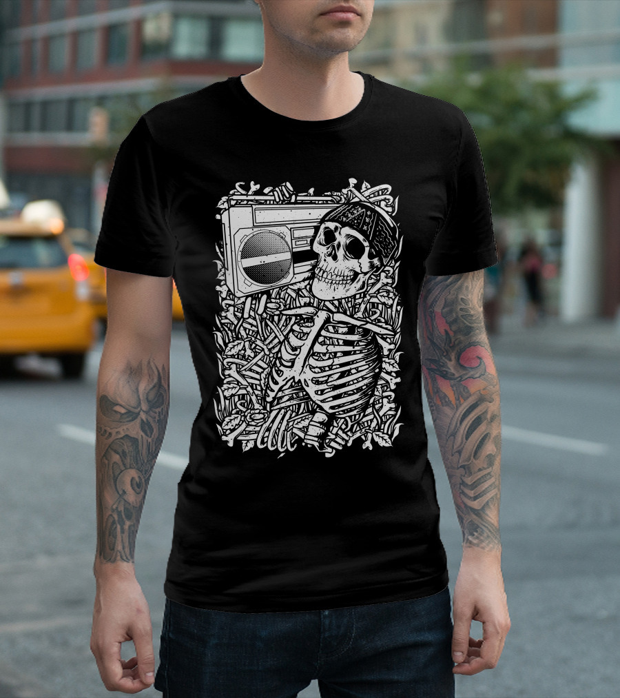 Boombox Skull Skeleton with Bone Headphones T-Shirt