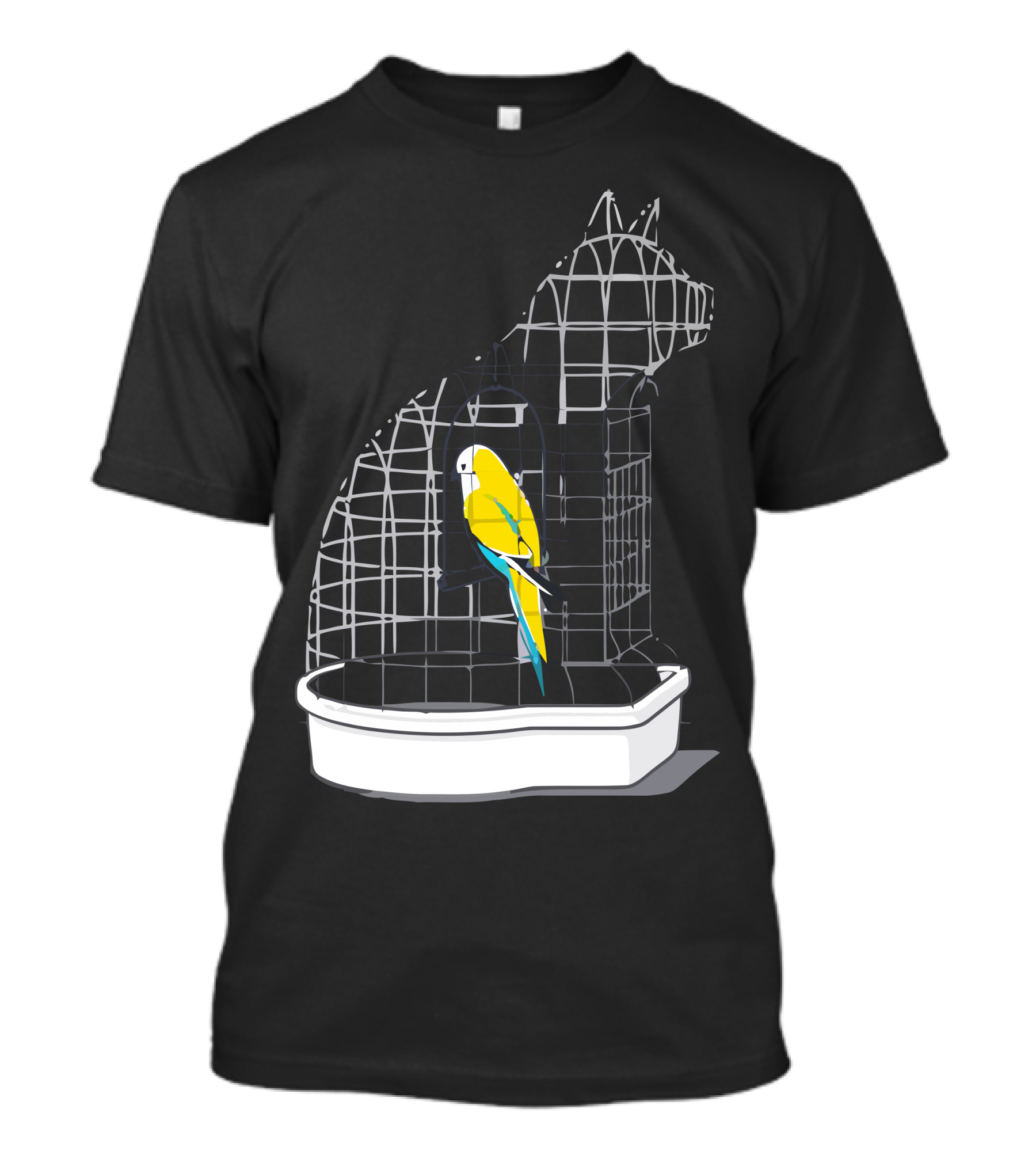 Captive Cat-Shaped Birdcage With Yellow Parrot T-Shirt