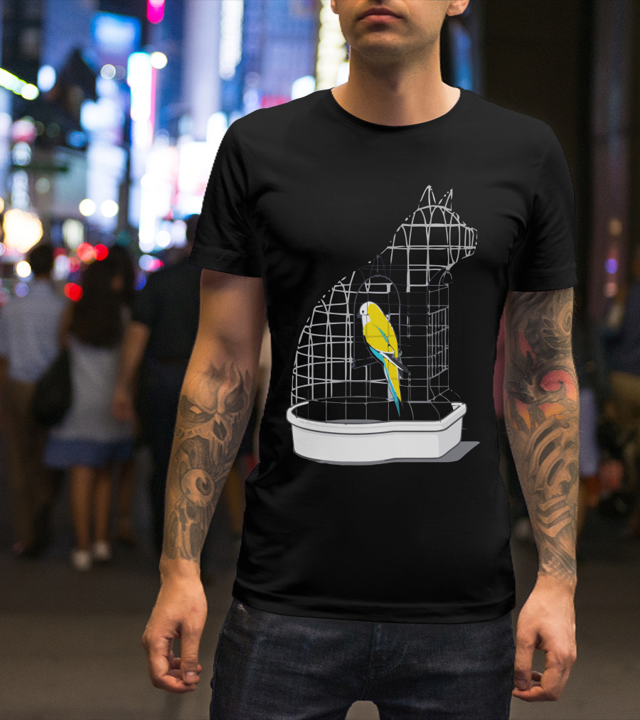 Captive Cat-Shaped Birdcage With Yellow Parrot T-Shirt