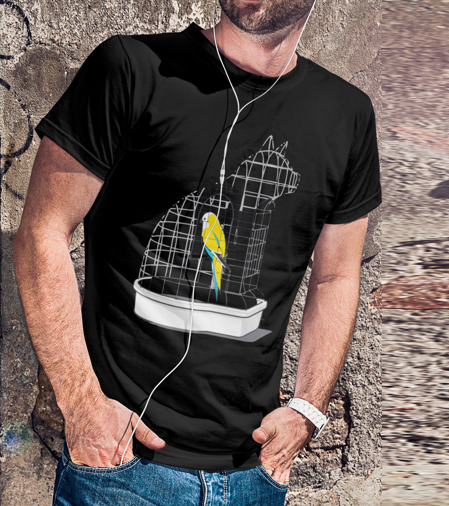 Captive Cat-Shaped Birdcage With Yellow Parrot T-Shirt