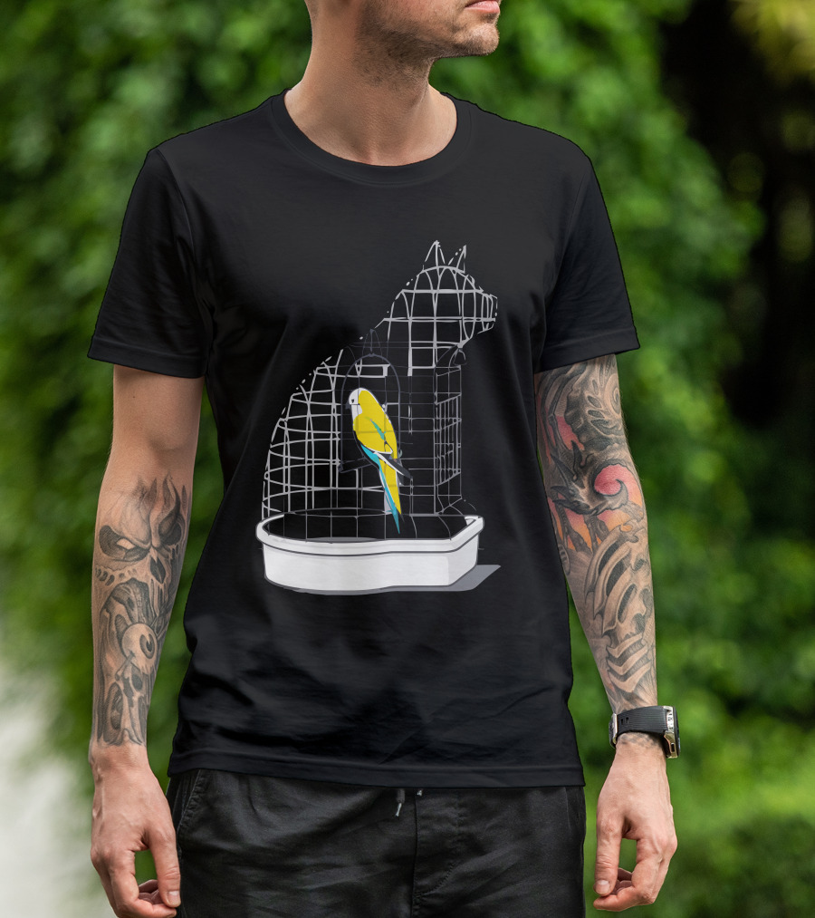 Captive Cat-Shaped Birdcage With Yellow Parrot T-Shirt