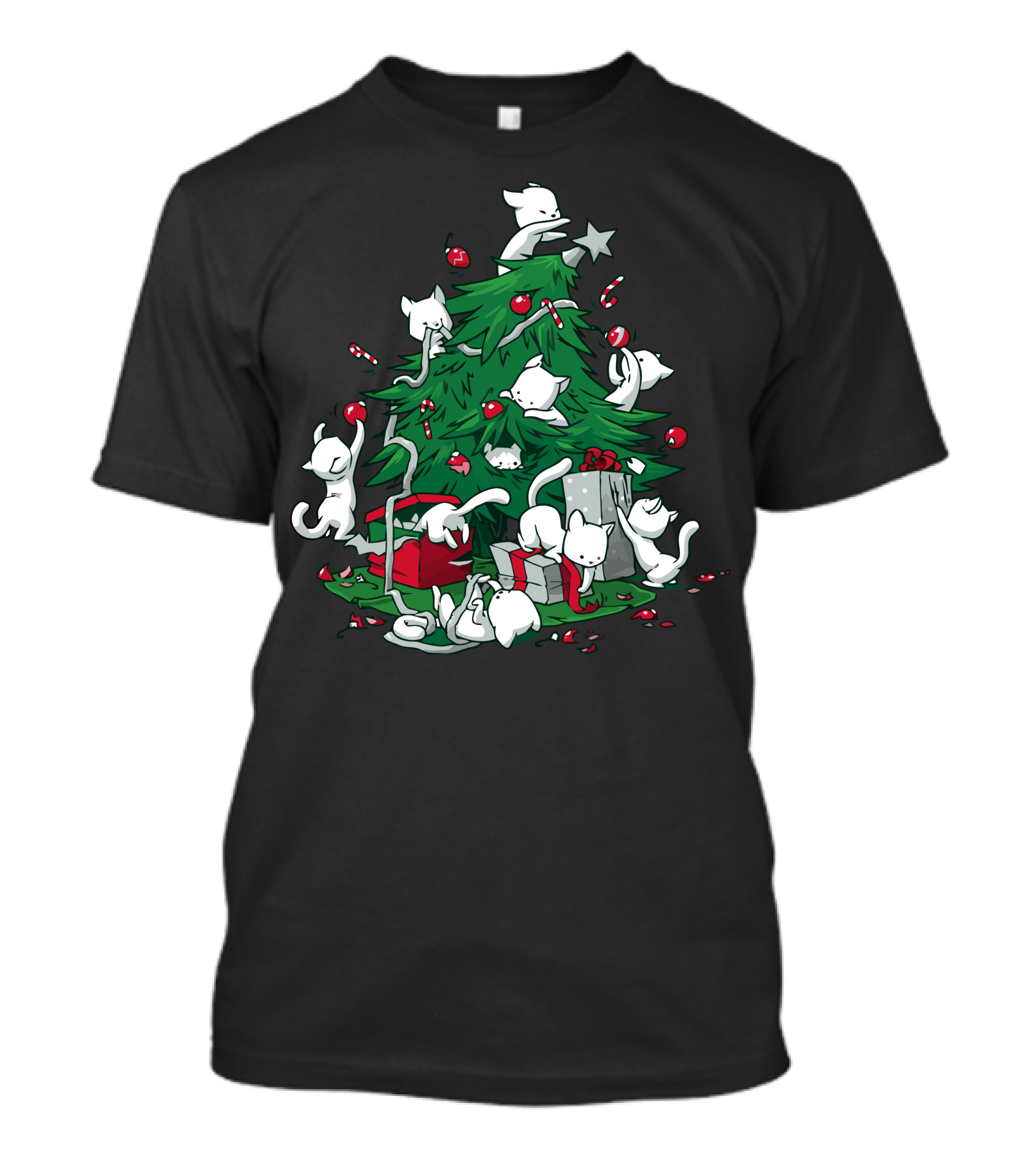 Cat Mischief Around The Christmas Tree With Gifts And Candy Canes T-Shirt