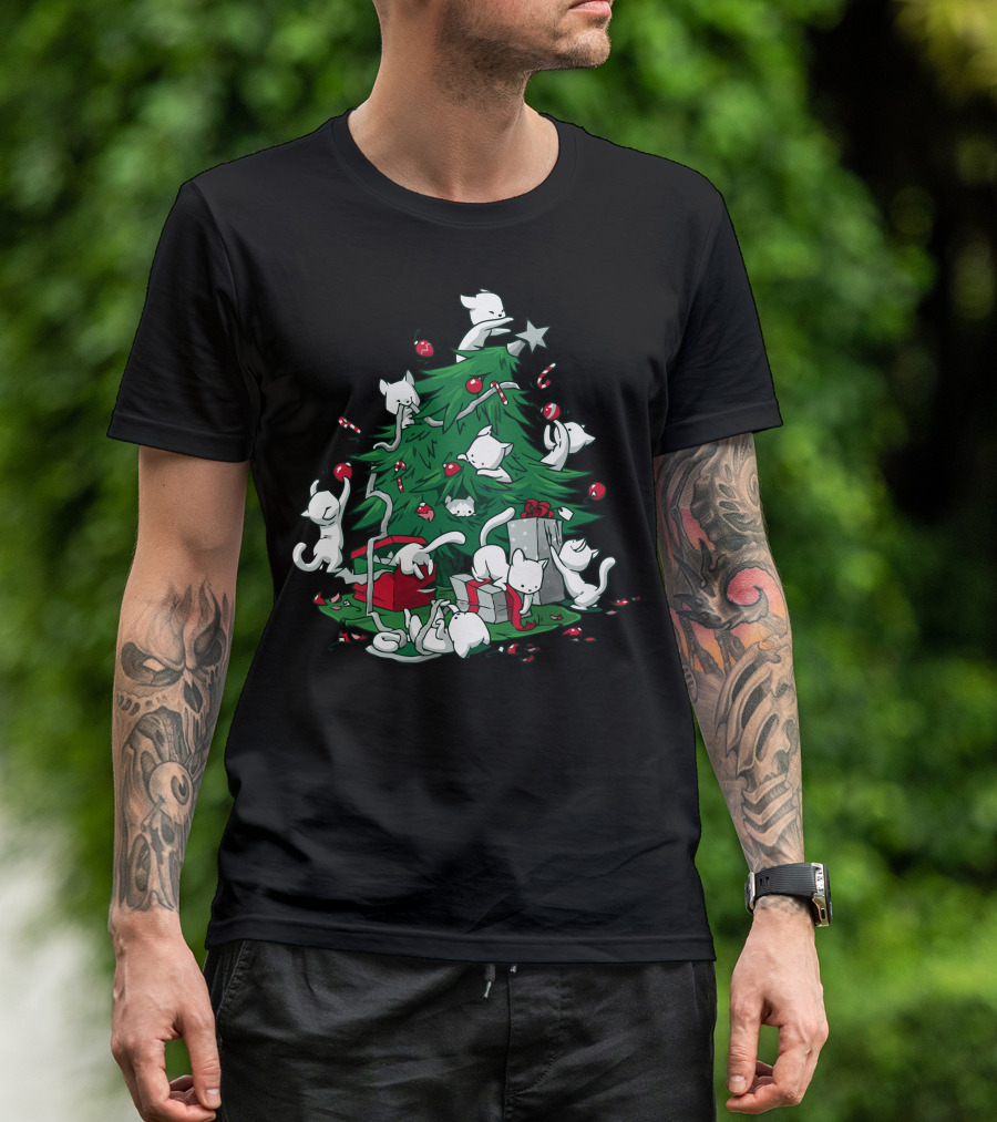 Cat Mischief Around The Christmas Tree With Gifts And Candy Canes T-Shirt