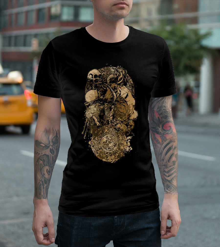 Chestiny Mythical Warrior Collage with Skull and Shield T-Shirt