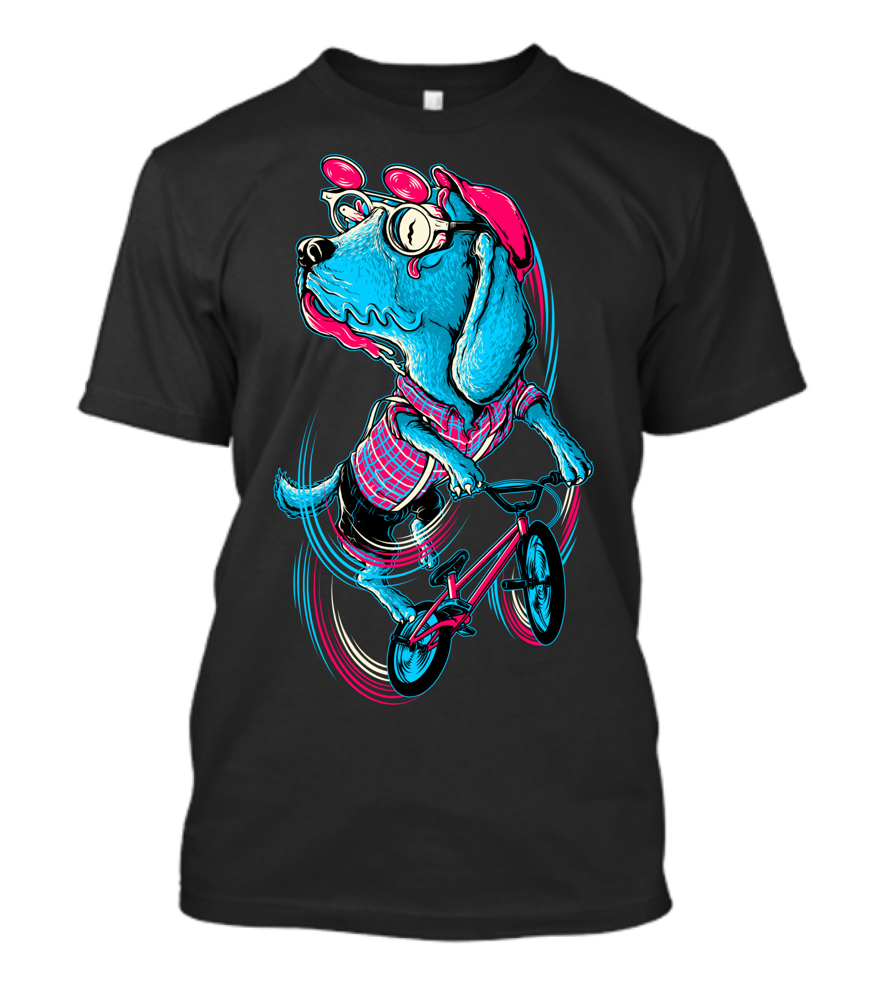 Dog Biker Cartoon With Glasses On Red Bicycle T-Shirt