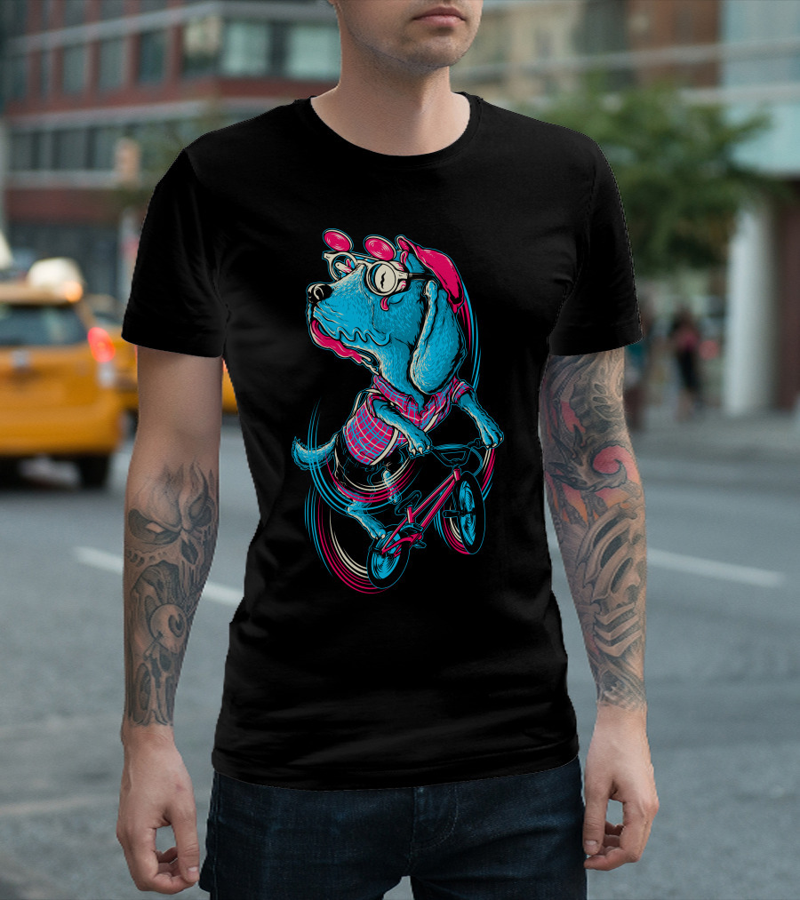 Dog Biker Cartoon With Glasses On Red Bicycle T-Shirt