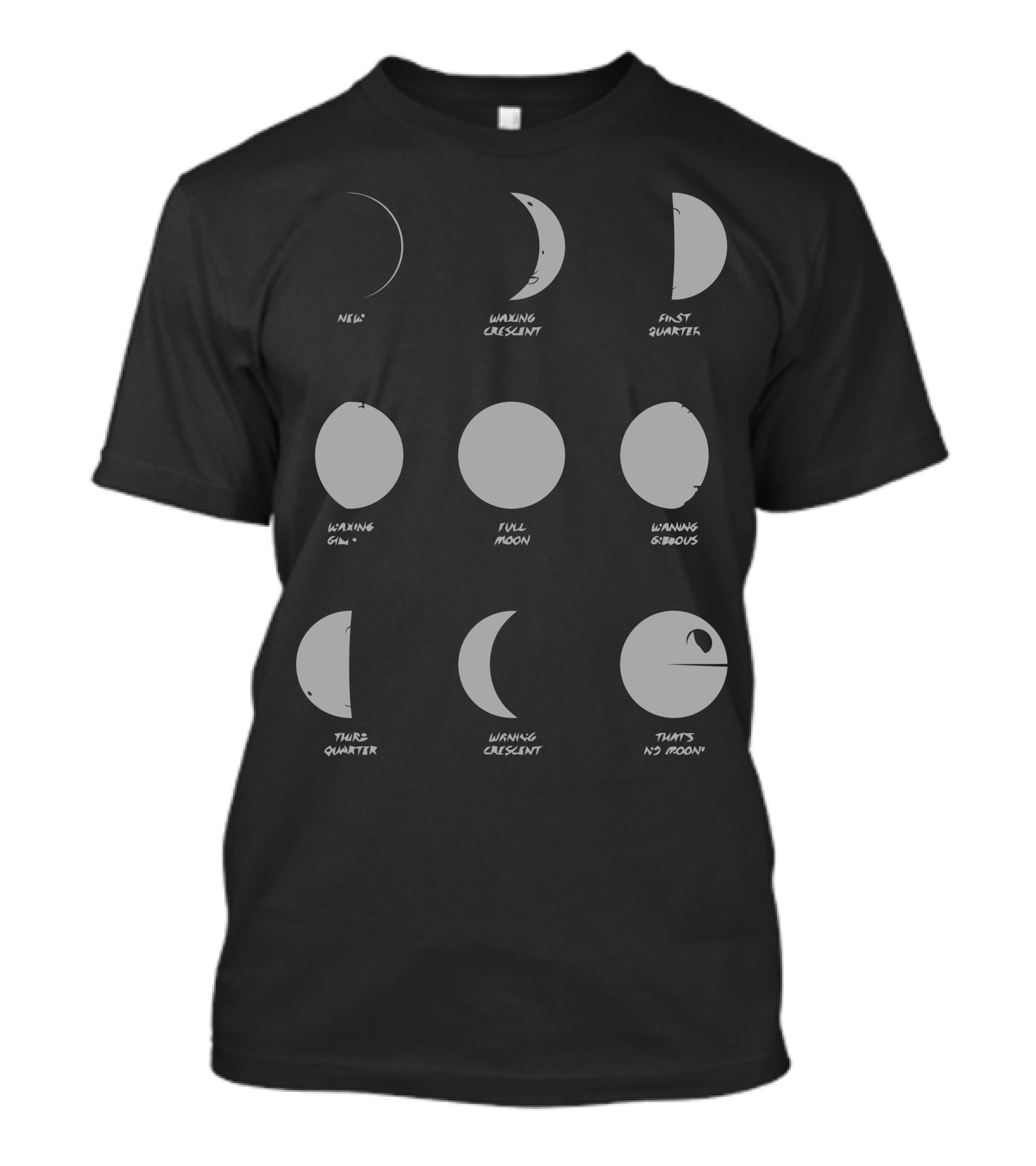 Know Your Moons New Waxing Crescent First Quarter Waxing Gibbous Full Moon Waning Gibbous Third Quarter Waning Crescent That’s No Moon T-Shirt