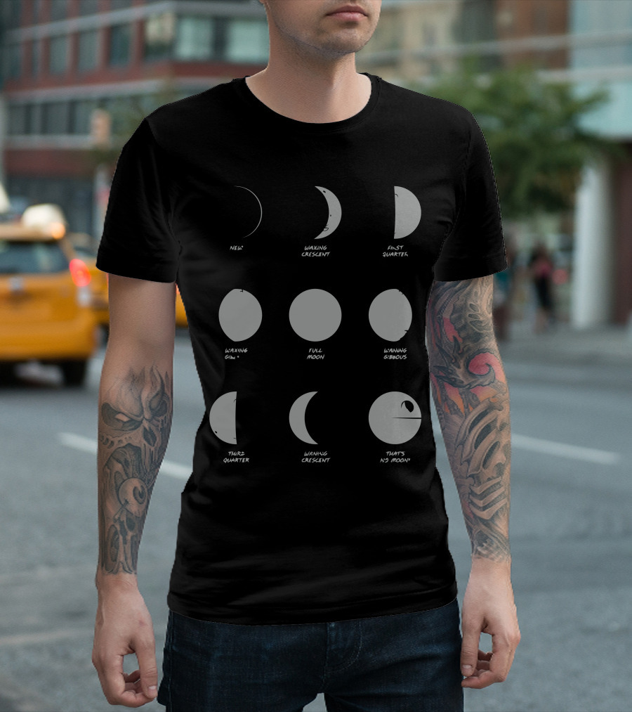 Know Your Moons New Waxing Crescent First Quarter Waxing Gibbous Full Moon Waning Gibbous Third Quarter Waning Crescent That’s No Moon T-Shirt