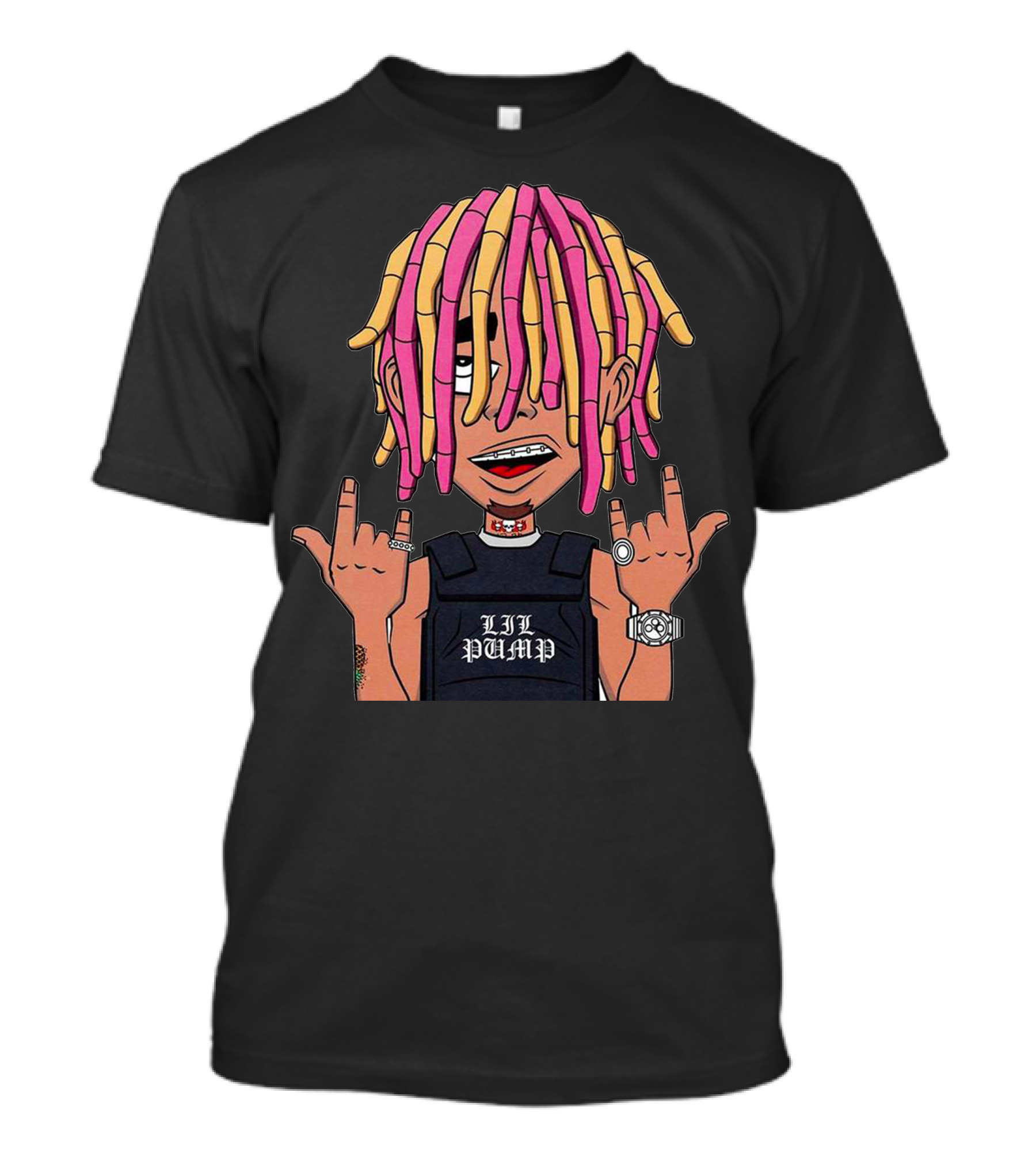Lil Pump Cartoon Character With Colorful Dreadlocks And Finger Signs T-Shirt
