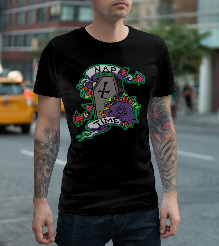 NAP TIME Coffin with Bat Wings and Purple Roses T-Shirt