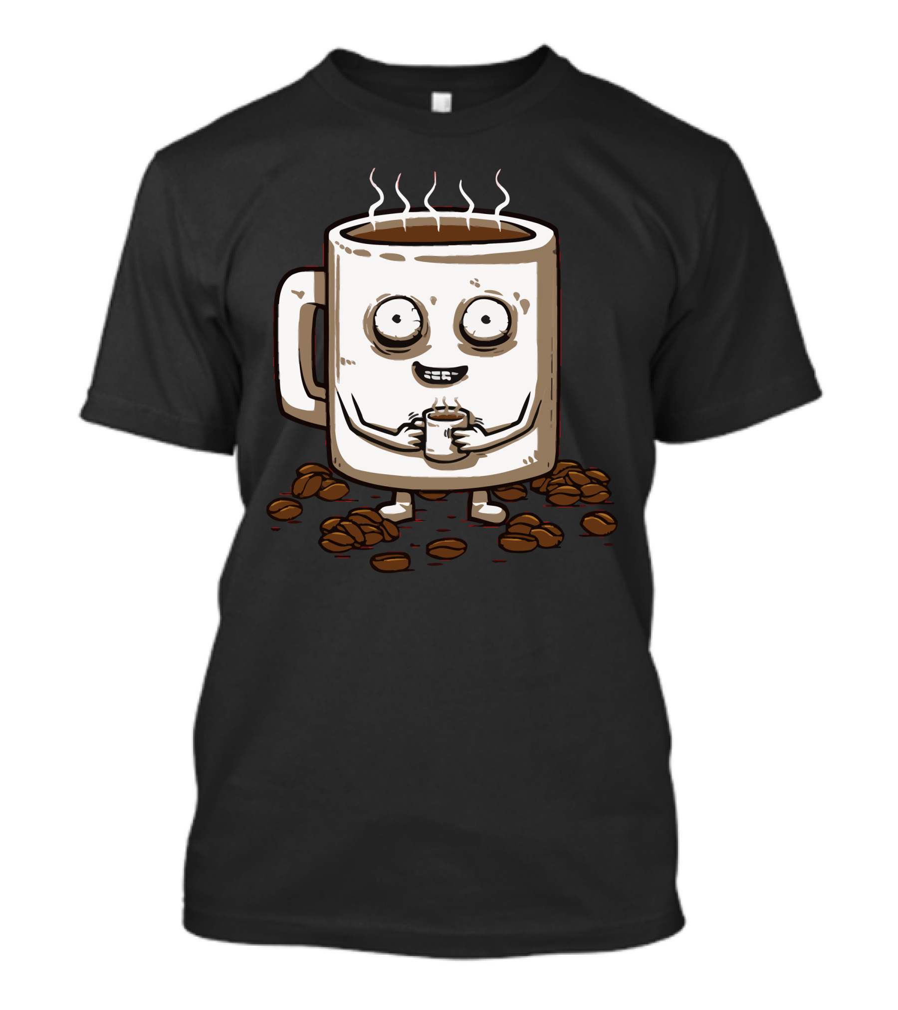 Never Tired Coffee Mug Character Surrounded By Coffee Beans T-Shirt