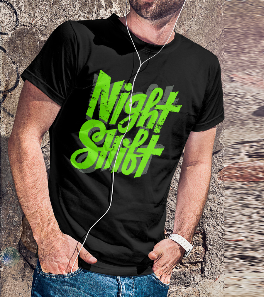 Night Shift Retro Grunge Green Text Block T-Shirt